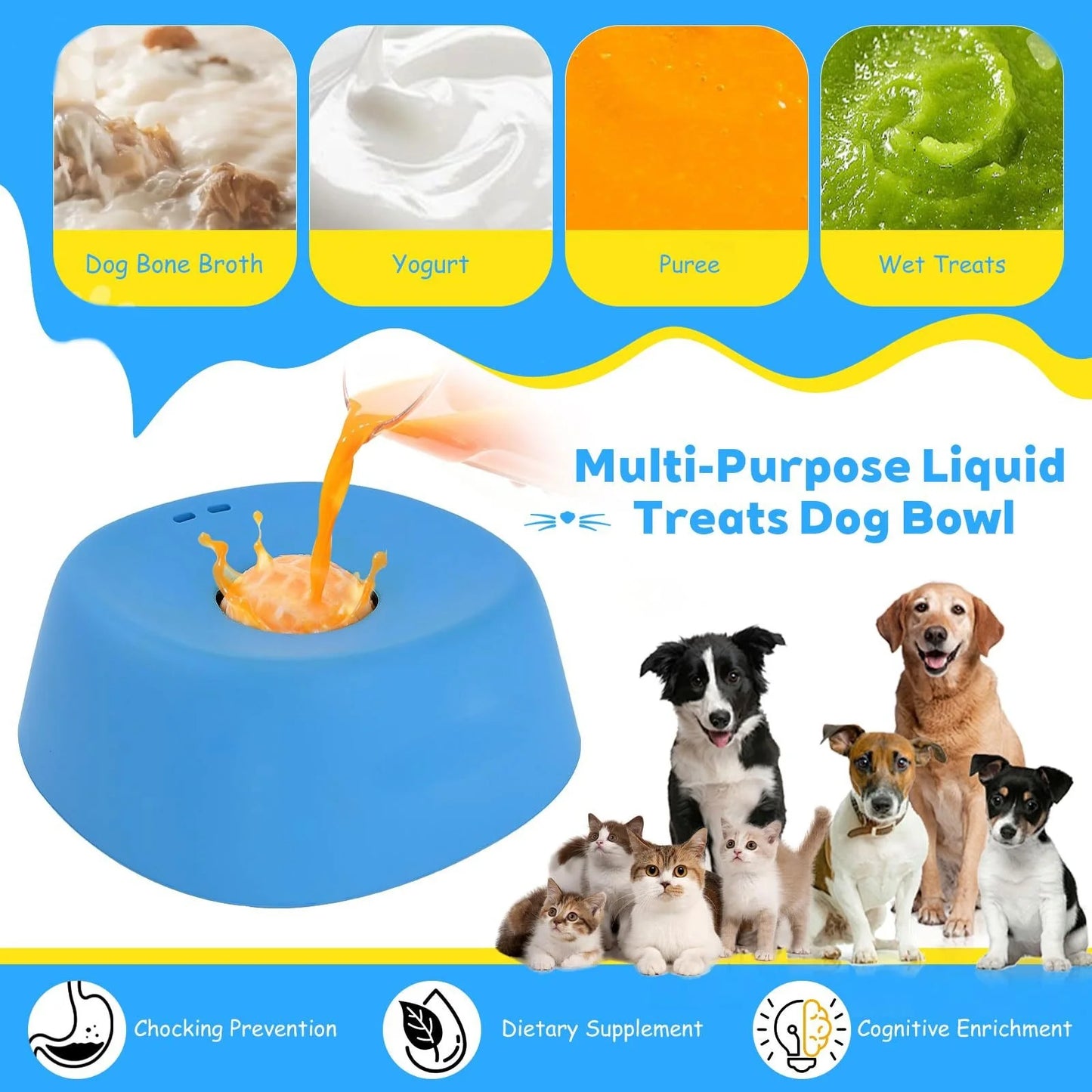 Slow Feeder Dog Bowl - No Spill & Multi-Functional for Liquid Treats